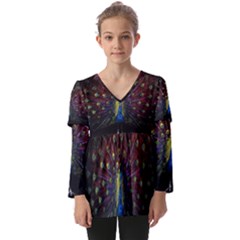 Peacock Feathers Kids  V Neck Casual Top by Wav3s