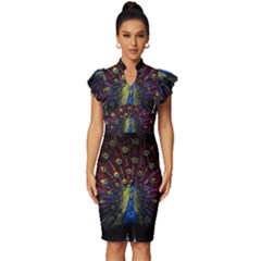 Peacock Feathers Vintage Frill Sleeve V-neck Bodycon Dress by Wav3s