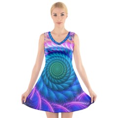 Peacock Feather Fractal V-neck Sleeveless Dress by Wav3s