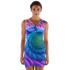 Peacock Feather Fractal Wrap Front Bodycon Dress by Wav3s