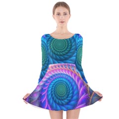 Peacock Feather Fractal Long Sleeve Velvet Skater Dress