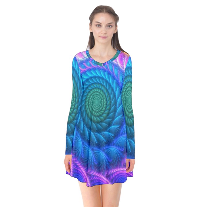 Peacock Feather Fractal Long Sleeve V-neck Flare Dress