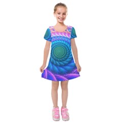 Peacock Feather Fractal Kids  Short Sleeve Velvet Dress