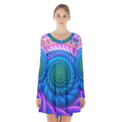 Peacock Feather Fractal Long Sleeve Velvet V-neck Dress