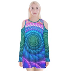 Peacock Feather Fractal Velvet Long Sleeve Shoulder Cutout Dress by Wav3s