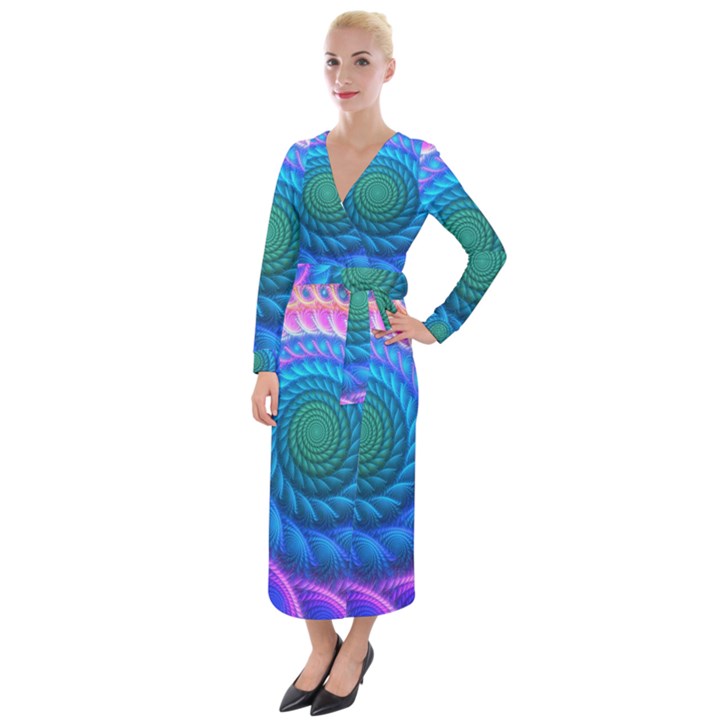 Peacock Feather Fractal Velvet Maxi Wrap Dress