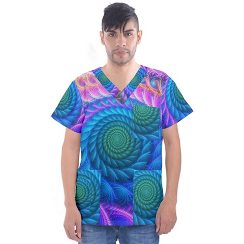 Peacock Feather Fractal Men s V-neck Scrub Top by Wav3s