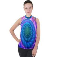 Peacock Feather Fractal Mock Neck Chiffon Sleeveless Top by Wav3s