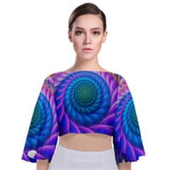 Peacock Feather Fractal Tie Back Butterfly Sleeve Chiffon Top by Wav3s