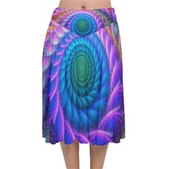 Peacock Feather Fractal Velvet Flared Midi Skirt