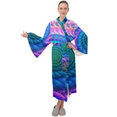 Peacock Feather Fractal Maxi Velvet Kimono by Wav3s