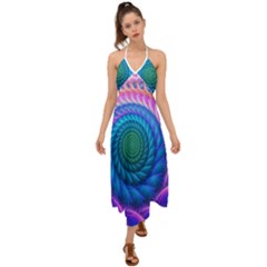 Peacock Feather Fractal Halter Tie Back Dress  by Wav3s