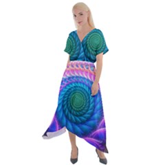 Peacock Feather Fractal Cross Front Sharkbite Hem Maxi Dress by Wav3s