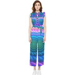 Peacock Feather Fractal Women s Frill Top Chiffon Jumpsuit by Wav3s