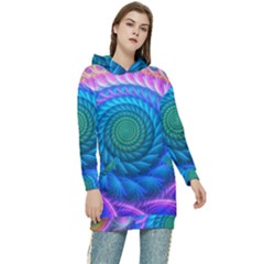 Peacock Feather Fractal Women s Long Oversized Pullover Hoodie by Wav3s