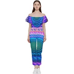 Peacock Feather Fractal Off Shoulder Ruffle Top Jumpsuit by Wav3s