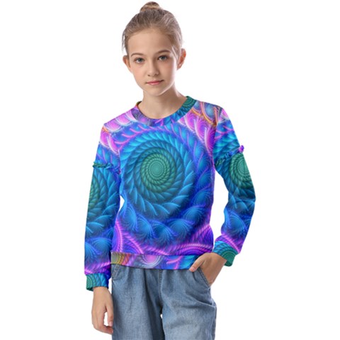 Peacock Feather Fractal Kids  Long Sleeve Tee With Frill  by Wav3s