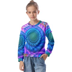 Peacock Feather Fractal Kids  Long Sleeve Tee With Frill 