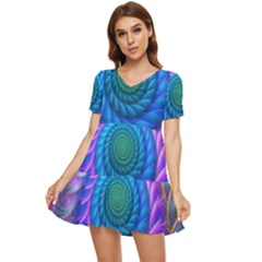 Peacock Feather Fractal Tiered Short Sleeve Babydoll Dress by Wav3s