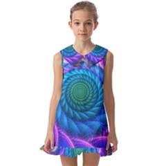 Peacock Feather Fractal Kids  Pilgrim Collar Ruffle Hem Dress by Wav3s