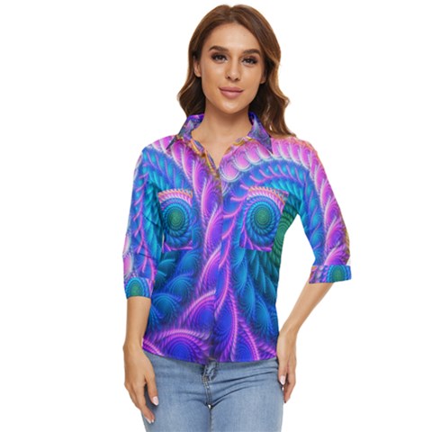 Peacock Feather Fractal Women s Quarter Sleeve Pocket Shirt by Wav3s