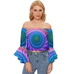 Peacock Feather Fractal Off Shoulder Flutter Bell Sleeve Top