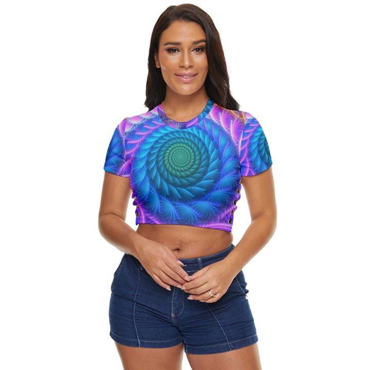 Peacock Feather Fractal Side Button Cropped Tee