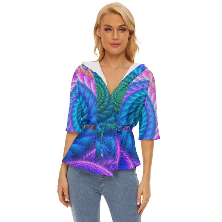 Peacock Feather Fractal Lightweight Drawstring Hooded Top