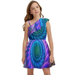 Peacock Feather Fractal Kids  One Shoulder Party Dress by Wav3s