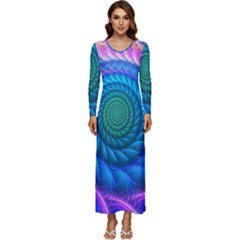 Peacock Feather Fractal Long Sleeve Longline Maxi Dress by Wav3s