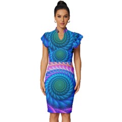 Peacock Feather Fractal Vintage Frill Sleeve V-neck Bodycon Dress by Wav3s