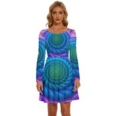 Peacock Feather Fractal Long Sleeve Wide Neck Velvet Dress by Wav3s