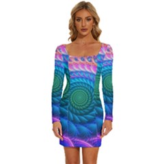 Peacock Feather Fractal Long Sleeve Square Neck Bodycon Velvet Dress by Wav3s