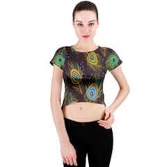 Pattern Feather Peacock Crew Neck Crop Top by Wav3s