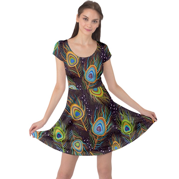 Pattern Feather Peacock Cap Sleeve Dress