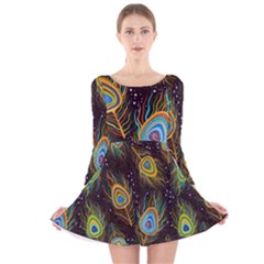 Pattern Feather Peacock Long Sleeve Velvet Skater Dress