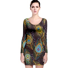 Pattern Feather Peacock Long Sleeve Velvet Bodycon Dress