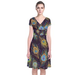 Pattern Feather Peacock Short Sleeve Front Wrap Dress by Wav3s