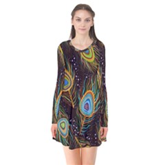 Pattern Feather Peacock Long Sleeve V-neck Flare Dress by Wav3s