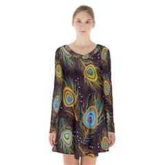 Pattern Feather Peacock Long Sleeve Velvet V-neck Dress