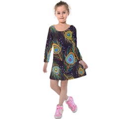 Pattern Feather Peacock Kids  Long Sleeve Velvet Dress