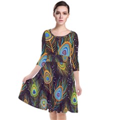 Pattern Feather Peacock Quarter Sleeve Waist Band Dress by Wav3s