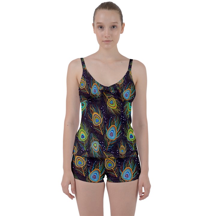 Pattern Feather Peacock Tie Front Two Piece Tankini