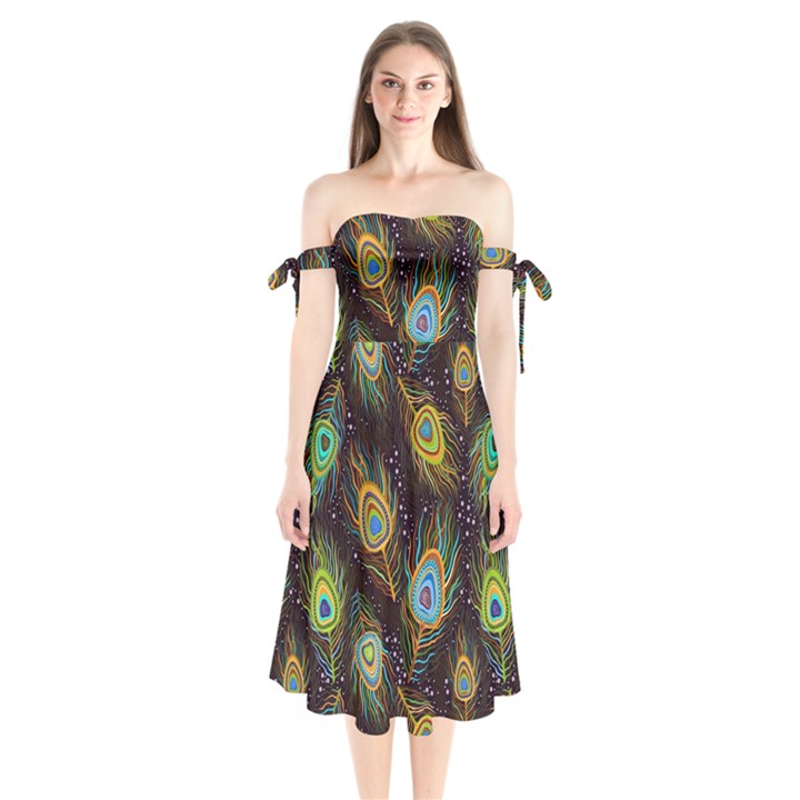 Pattern Feather Peacock Shoulder Tie Bardot Midi Dress