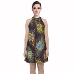 Pattern Feather Peacock Velvet Halter Neckline Dress 