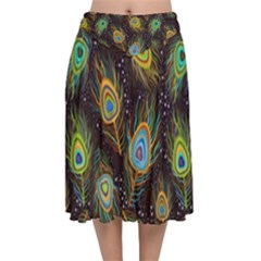 Pattern Feather Peacock Velvet Flared Midi Skirt