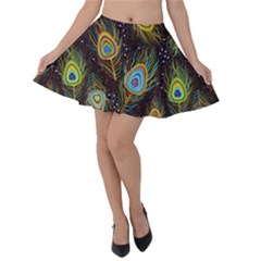 Pattern Feather Peacock Velvet Skater Skirt