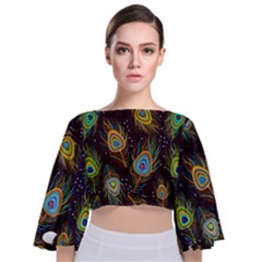 Pattern Feather Peacock Tie Back Butterfly Sleeve Chiffon Top by Wav3s