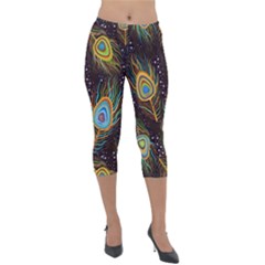 Pattern Feather Peacock Lightweight Velour Capri Leggings 