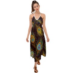 Pattern Feather Peacock Halter Tie Back Dress  by Wav3s